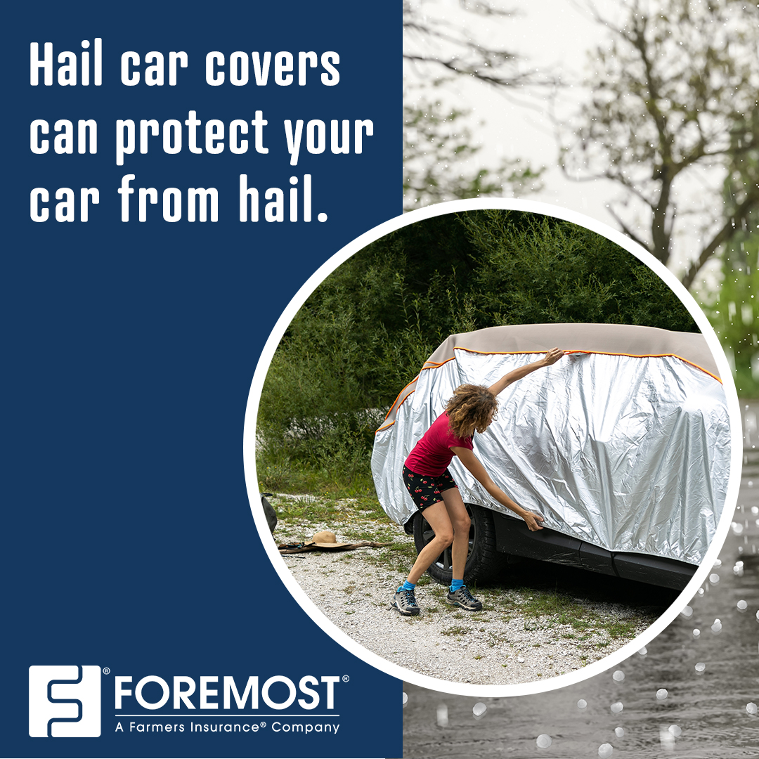 “Hail car covers can protect your car from hail” text on top of an image of a woman putting a plastic cover on a car.